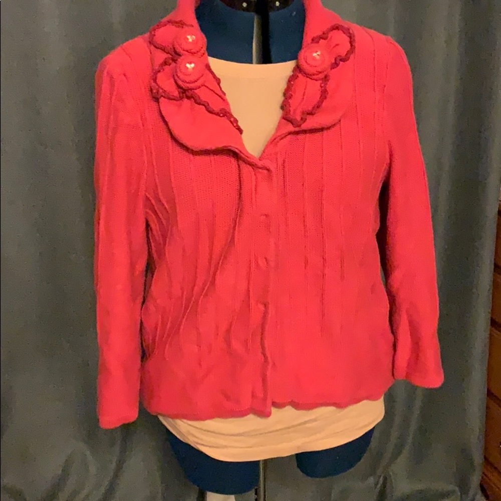 Cabi Cranberry Pink Gem Retro Flower Cardigan